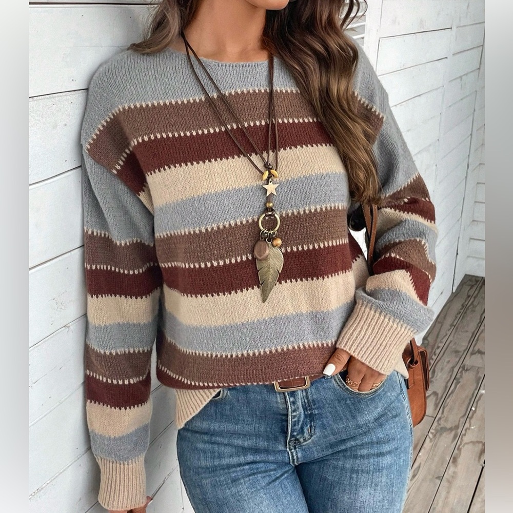Cozy Striped Crewneck Sweater in Gray, Brown & Cream